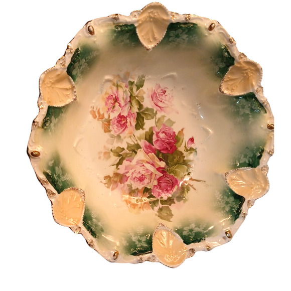 Antique 1900's RS Prussia Porcelain Large Serving Bowl Scroll Mold Pink Roses - Picture 2 of 10